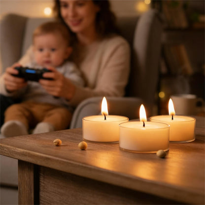 Soy Wax Tealight Candles 50Packs, 4 Hour Long Burning, Unscented White Smokeless Candles, Non-Toxic Paraffin-Free Clear Acrylic Cup Tea Lights for Weddings, Home, Emergencies & Dinner