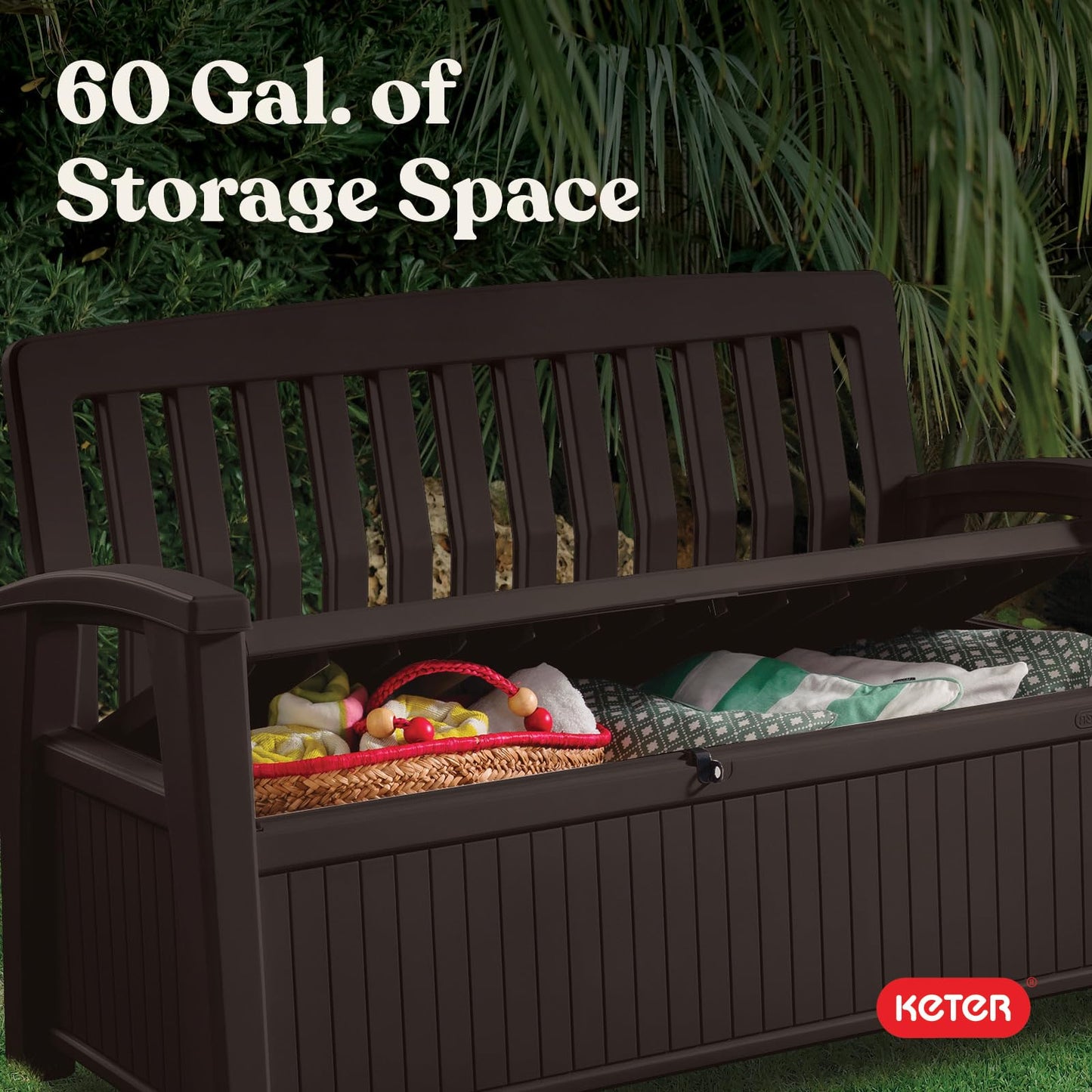 Keter 60 Gallon Storage Bench Deck Box for Patio Furniture, Front Porch Decor and Outdoor Seating – Perfect to Store Garden Tools