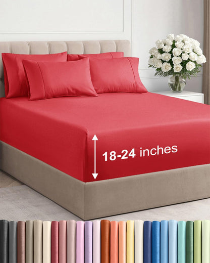 Skiennix Extra Deep King Sheet Set | 6-Piece Breathable Cooling Bedding - Luxury Red Sheets with Secure Fit