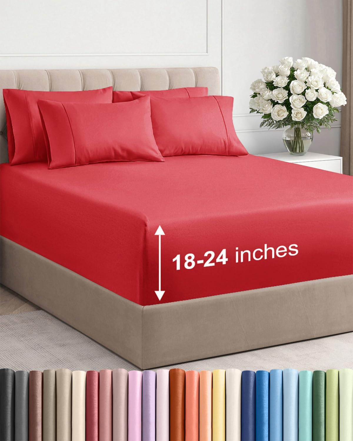 Skiennix Extra Deep Cal King Sheet Set - 6 Piece Breathable Cooling Bedding - Soft Wrinkle-Free Red