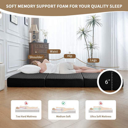 CYMULA Folding Mattress Single Size,6 inch Memory Foam Tri-Fold Single Floor Mattress Topper with Breathable & Washable Cover,Thick Foldable Mat for Camping,Naps and Guests，Black(25"×75"×6")