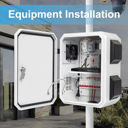 Outdoor Electrical Box with Thermostat and Fan, Cold-Rolled Steel Plate, Aluminum Alloy Back Beam, One-Piece Ventilation Design, IP65 Waterproof, Wall/Pole Mounted. (15.7" x 11.8" x 7.9")