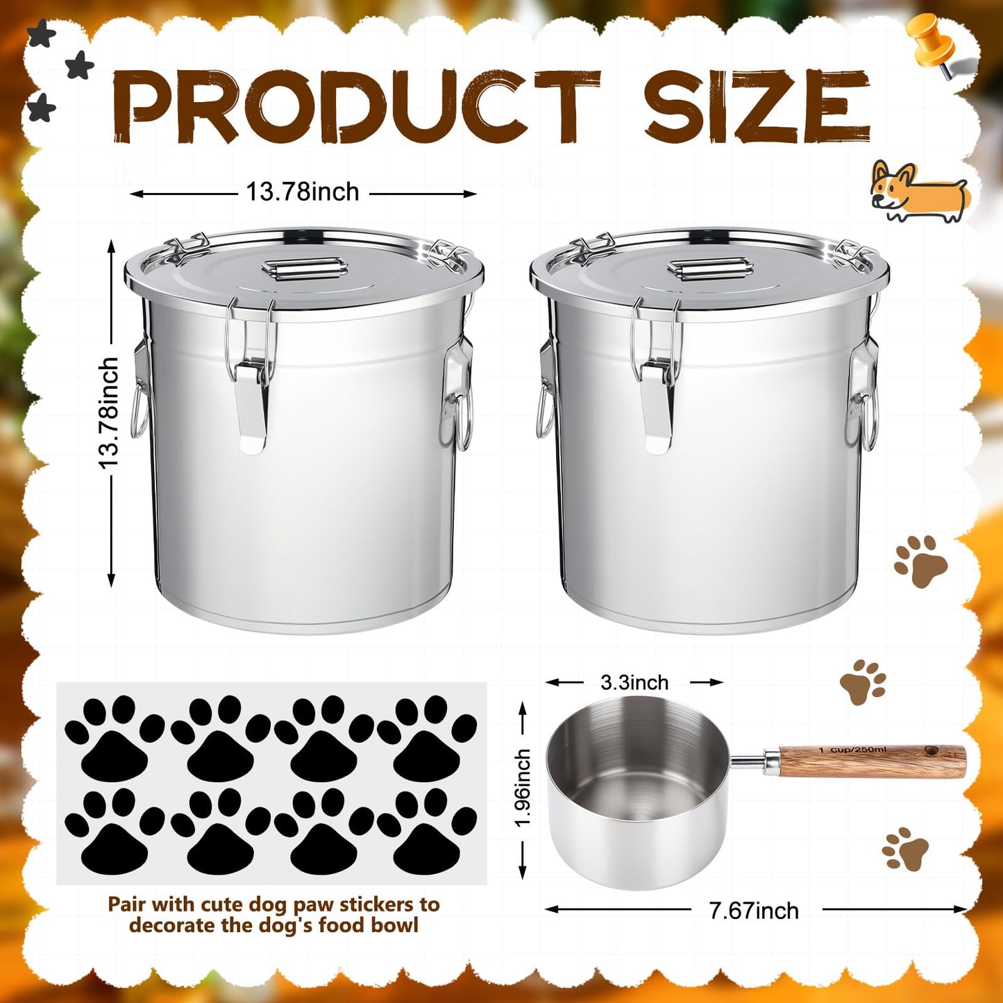 Lounsweer 2 Pack 8.9 Gal Stainless Steel Dog Food Storage Container with Lid and Locking Clamp 33 L Metal Airtight Container Large Stainless Steel Bucket with Food Scoop for Pet Feed