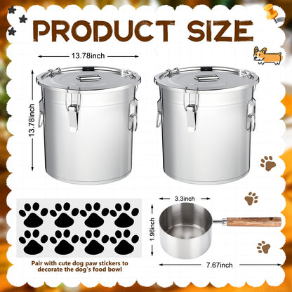 Lounsweer 2 Pack 8.9 Gal Stainless Steel Dog Food Storage Container with Lid and Locking Clamp 33 L Metal Airtight Container Large Stainless Steel Bucket with Food Scoop for Pet Feed