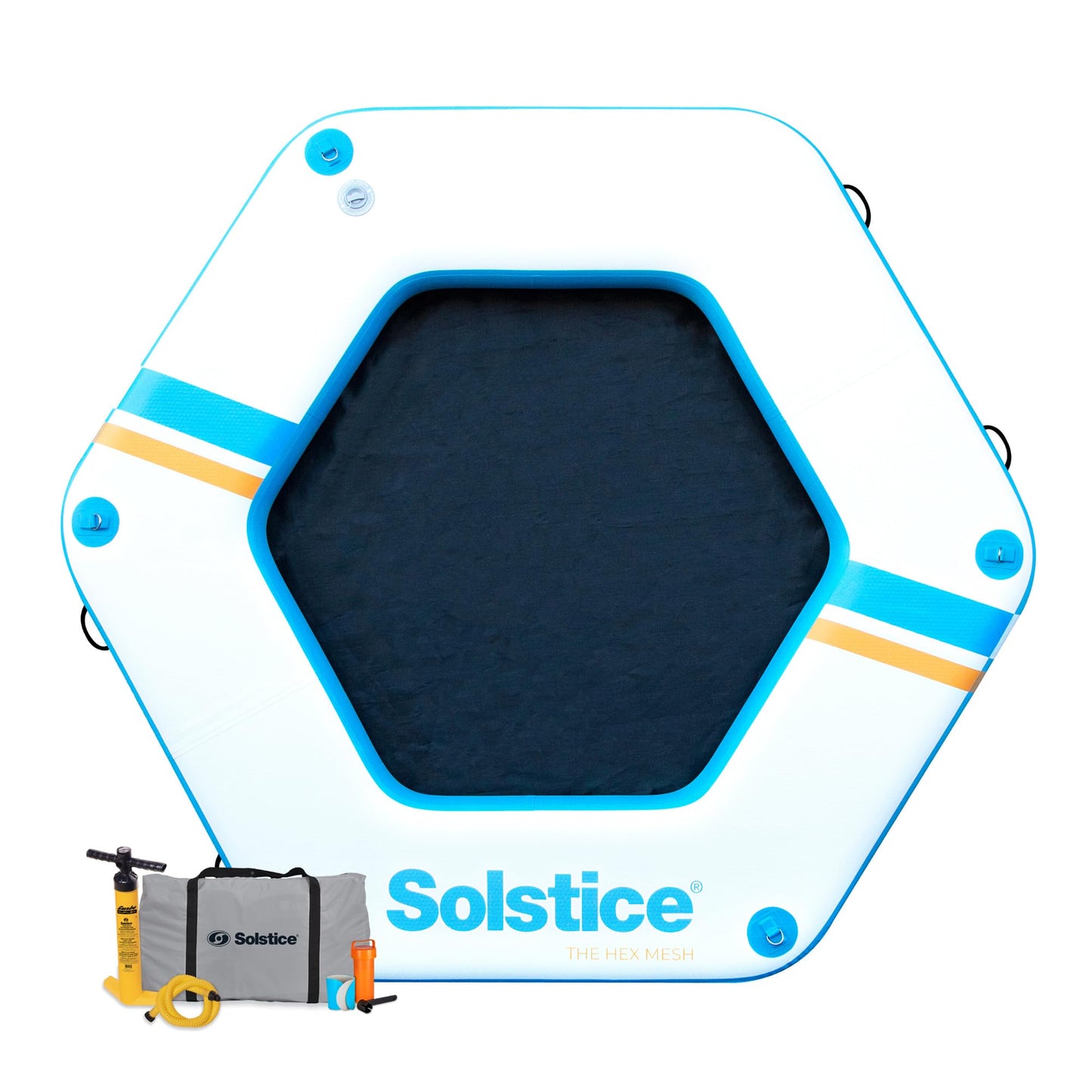 Solstice 6-Person Hex Mesh Inflatable Dock, Floating Water Raft Platform, 8ft 6in - Hexagonal Outdoor Hangout for Lake, River, Swimming Pool & Beach, Includes Carry Bag
