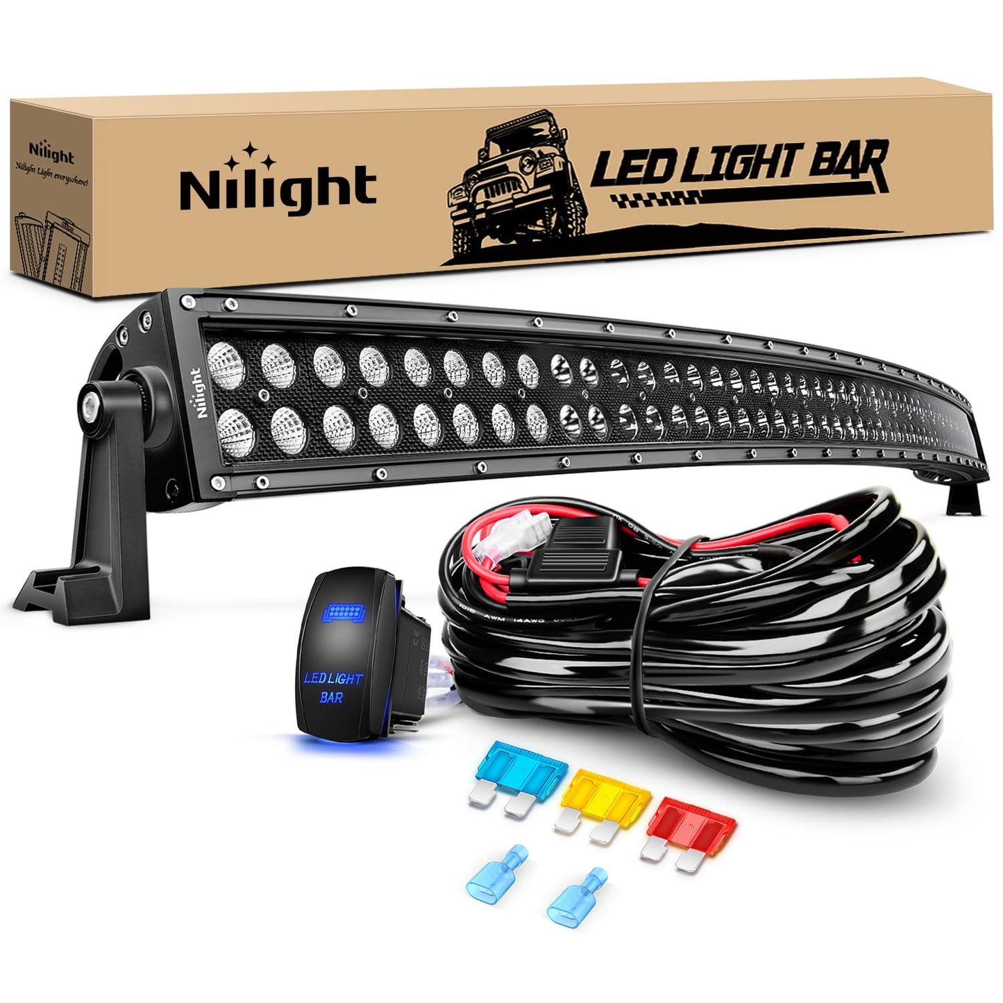 Nilight ZH120 50Inch 50 Inch 288W Curved Spot Flood Combo Bar LED Off Road Driving Light and 1PC 14AWG 12V 5Pin Rocker Switch Wiring Harness Kit-1 Lead, 2 Years Warranty, White