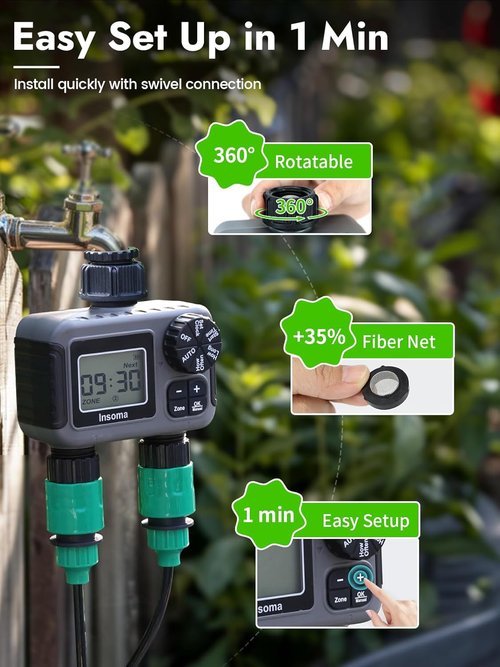 Insoma 2-Zone Sprinkler Timer - Programmable Garden Hose Timer with Auto & Manual Modes | Waterproof Irrigation Controller for Lawns & Drip Systems