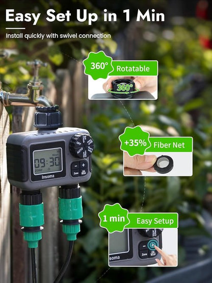 Insoma 2-Zone Sprinkler Timer - Programmable Garden Hose Timer with Auto & Manual Modes | Waterproof Irrigation Controller for Lawns & Drip Systems