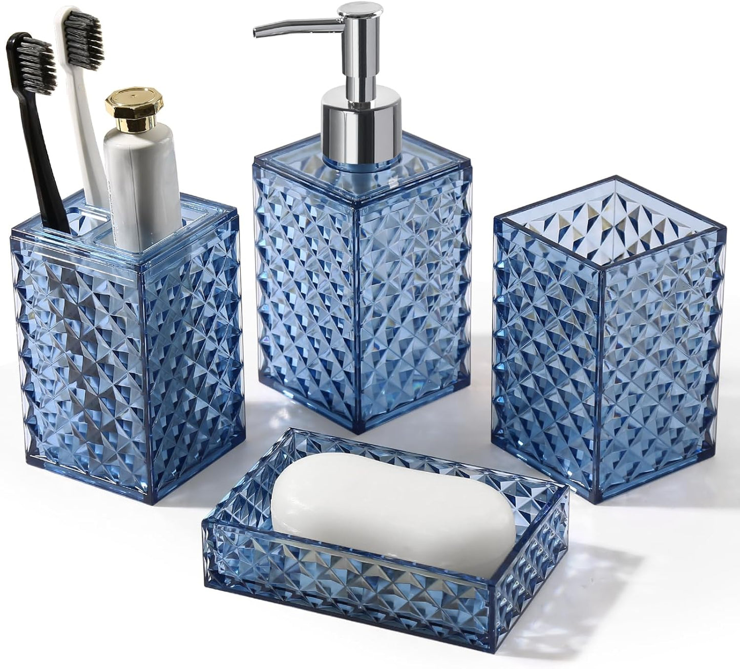 RYTOXILO Bathroom Accessories Set - 4 Pack Blue Acrylic Bath Essentials | Diamond Soap Dispenser & Toothbrush Holder