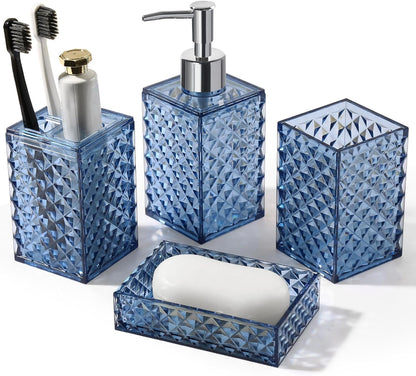 RYTOXILO Bathroom Accessories Set - 4 Pack Blue Acrylic Bath Essentials | Diamond Soap Dispenser & Toothbrush Holder