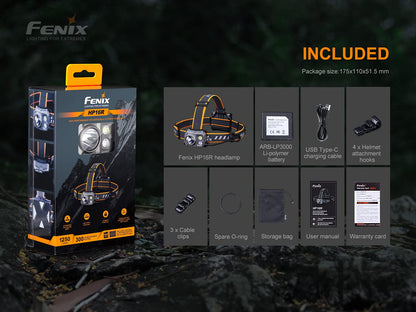 Fenix HP16R 1250 lumen dual white beam & red LED Headlamp, rechargeable battery with EdisonBright USB type-C charging cable