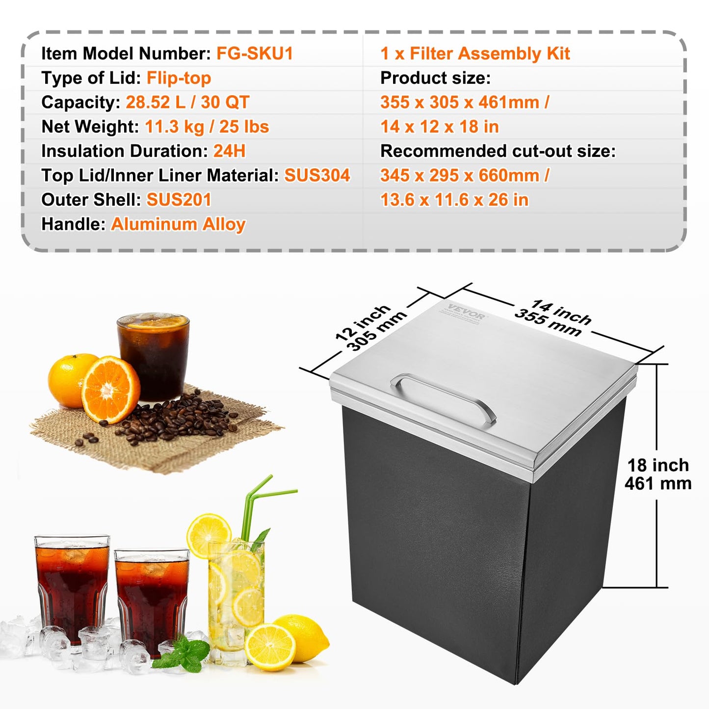 VEVOR Drop in Ice Chest, 14" L x 12" W x 18" H Stainless Steel Ice Cooler, Commercial Ice Bin with Hinged Cover, 40 qt Outdoor Kitchen Ice Bar, Drain-Pipe and Drain Plug Included, for Cold Wine Beer