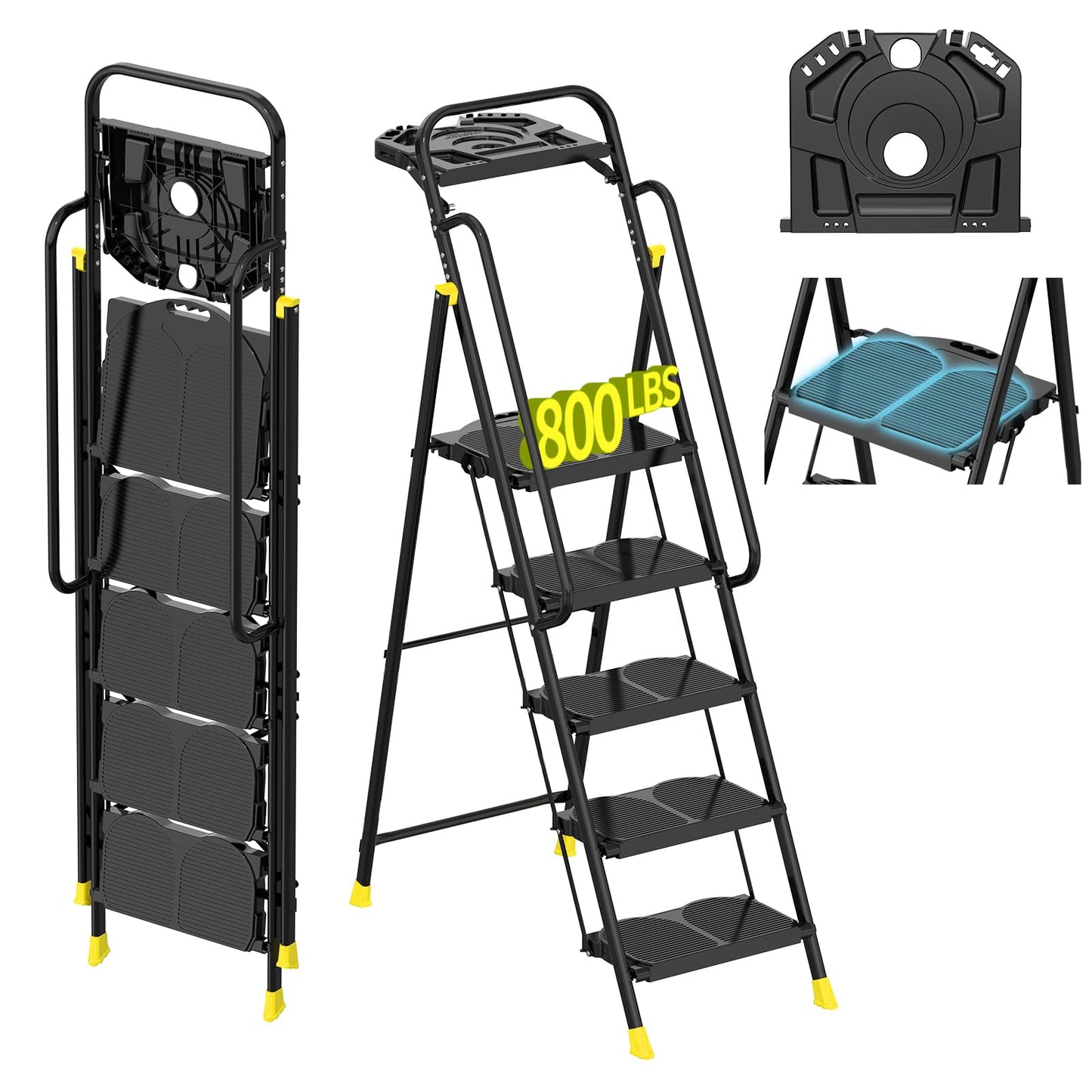 5 Step Foldable Step Ladder Stool with Roomy Tool Tray and Secure Handrail, Foldable Platform Ladder 5 Step Folding Stepstools with Wide Pedals and 800lbs Weight Capacity for Adults, Home, Kitchen