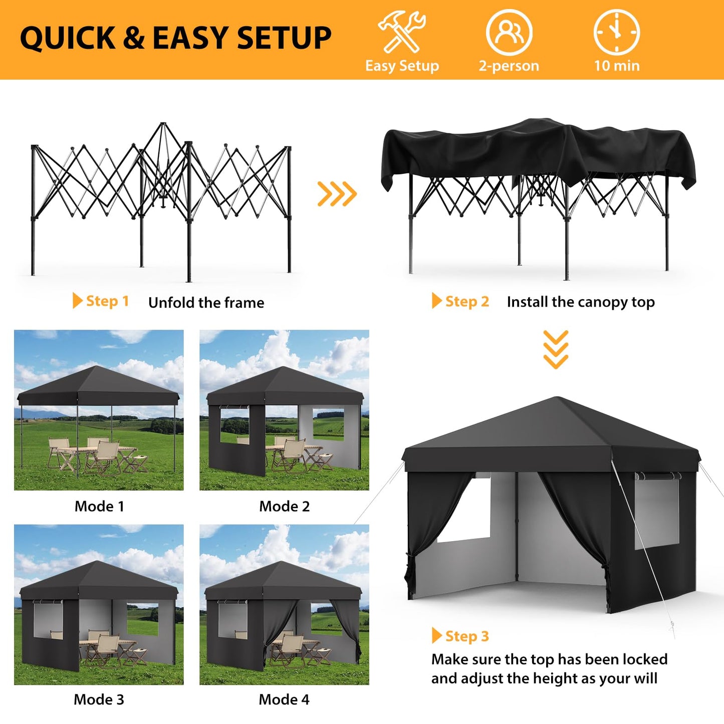 GarveeTech 10x10 Pop Up Canopy with 4 Removable Sidewalls and Windows, 3 Adjustable Heights Commercial Shelter, Portable Enclosed Instant Tent with Wheeled Carry Bag, Waterproof Outdoor Gazebo, Black