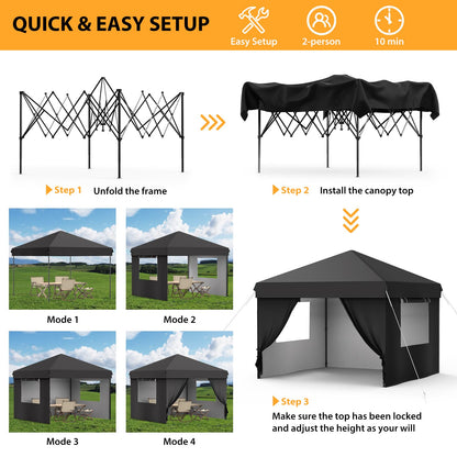 GarveeTech 10x10 Pop Up Canopy with 4 Removable Sidewalls and Windows, 3 Adjustable Heights Commercial Shelter, Portable Enclosed Instant Tent with Wheeled Carry Bag, Waterproof Outdoor Gazebo, Black
