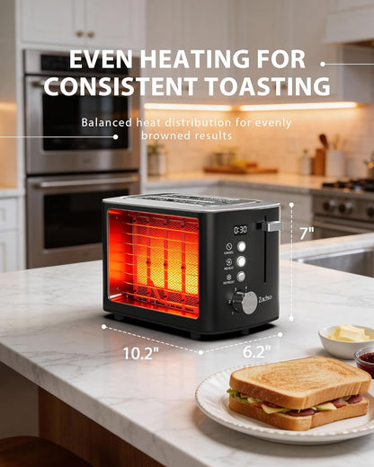 Skiennix 2-Slice Toaster - Wide Slots for Bread & Bagels, Stainless Steel with Digital Countdown, Black