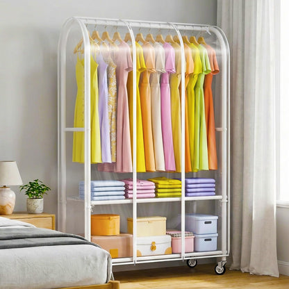 Univivi Clothes Rack with Clear Dust Cover, 2-in-1 Heavy-Duty Clothing Rack with Bottom Storage Shelf, Tool-Free Quick Assembly Portable Closet Rack for Hanging Clothes and Bedroom Closet Organization