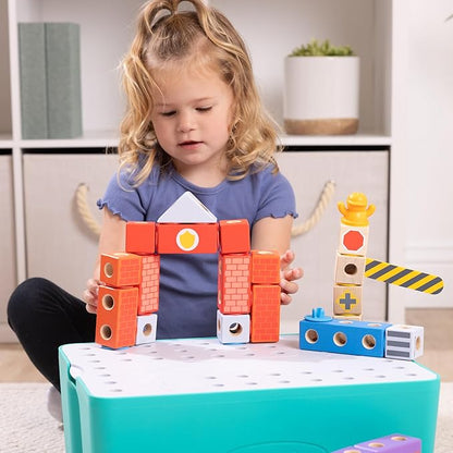 Melissa &amp Doug Blockables™ Deluxe City Snap and Play Mix and Match Connectable Wooden Building Blocks Set with Storage Bin and Play Lid (122 Pcs) Ages 2 to 7- FSC Certified