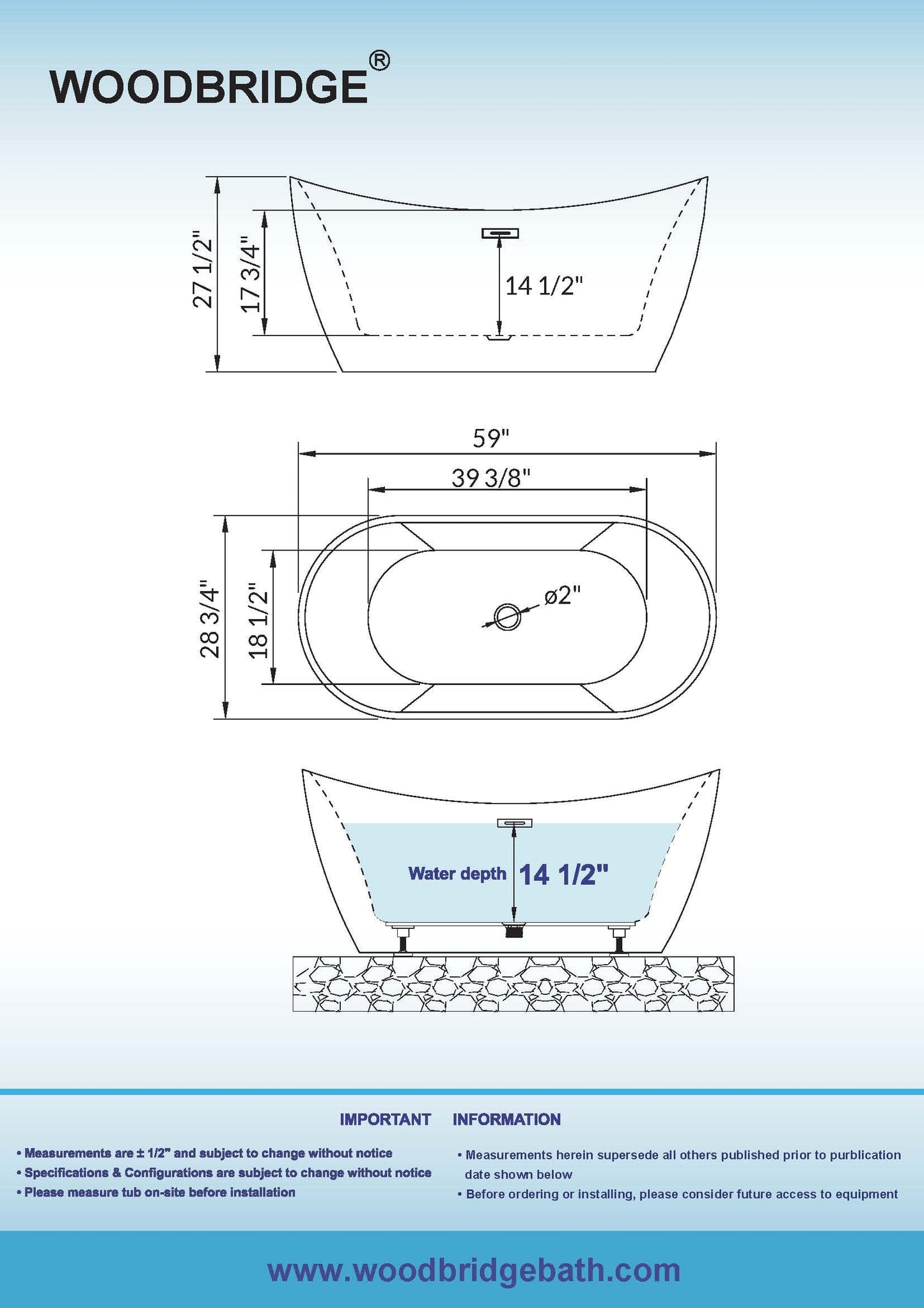 WOODBRIDGE 59"Freestanding White Acylic Soaking Bathtub with Brushed Nickel Drain and Overflow,B0011-BN