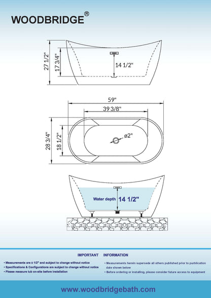 WOODBRIDGE 59"Freestanding White Acylic Soaking Bathtub with Brushed Nickel Drain and Overflow,B0011-BN