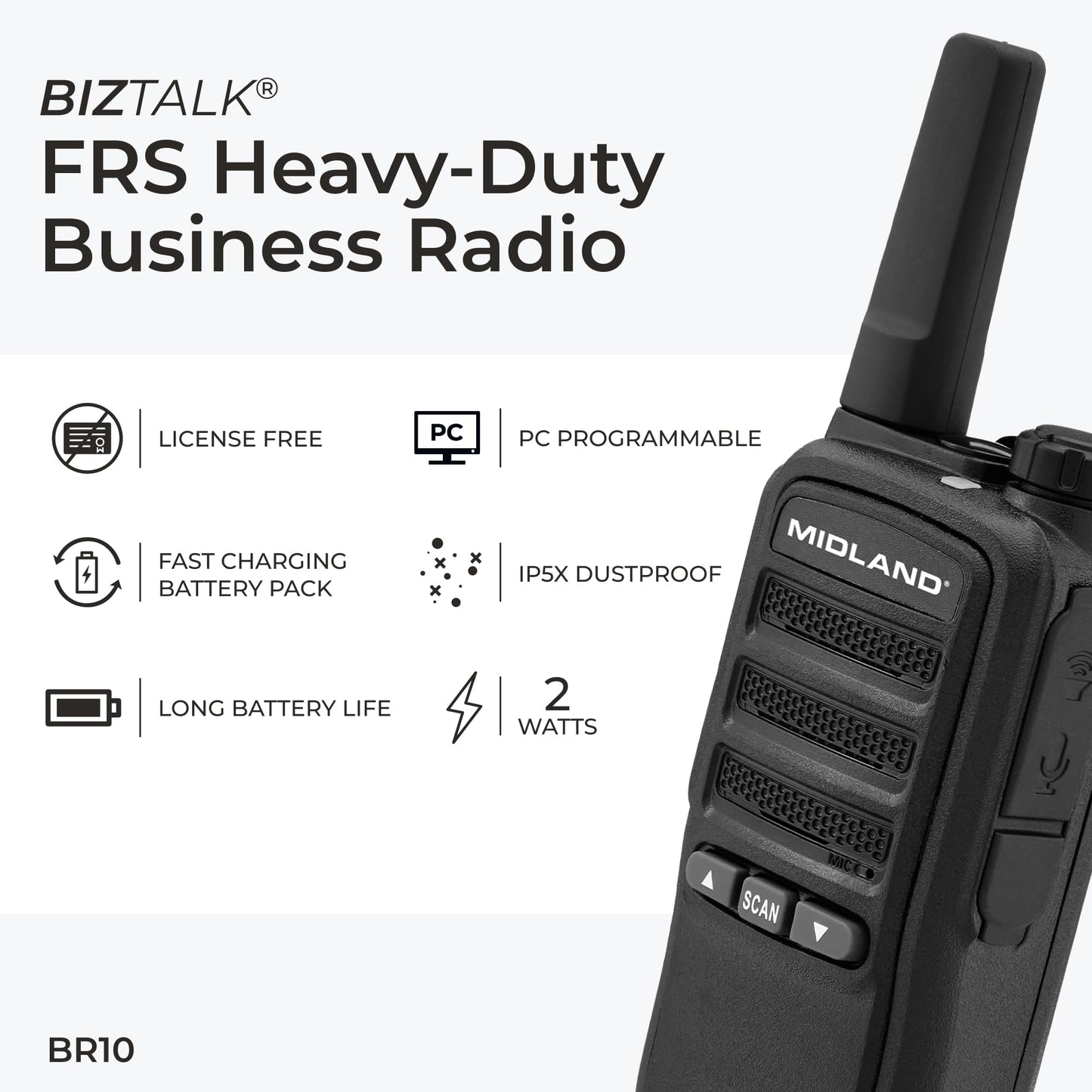 Midland BR10 Heavy-Duty Business Walkie Talkies – 2-Watt Long Range Two-Way Radios, FRS License-Free, Rechargeable Battery, Portable Handhelds for Job Sites & Manufacturing (2-Pack)