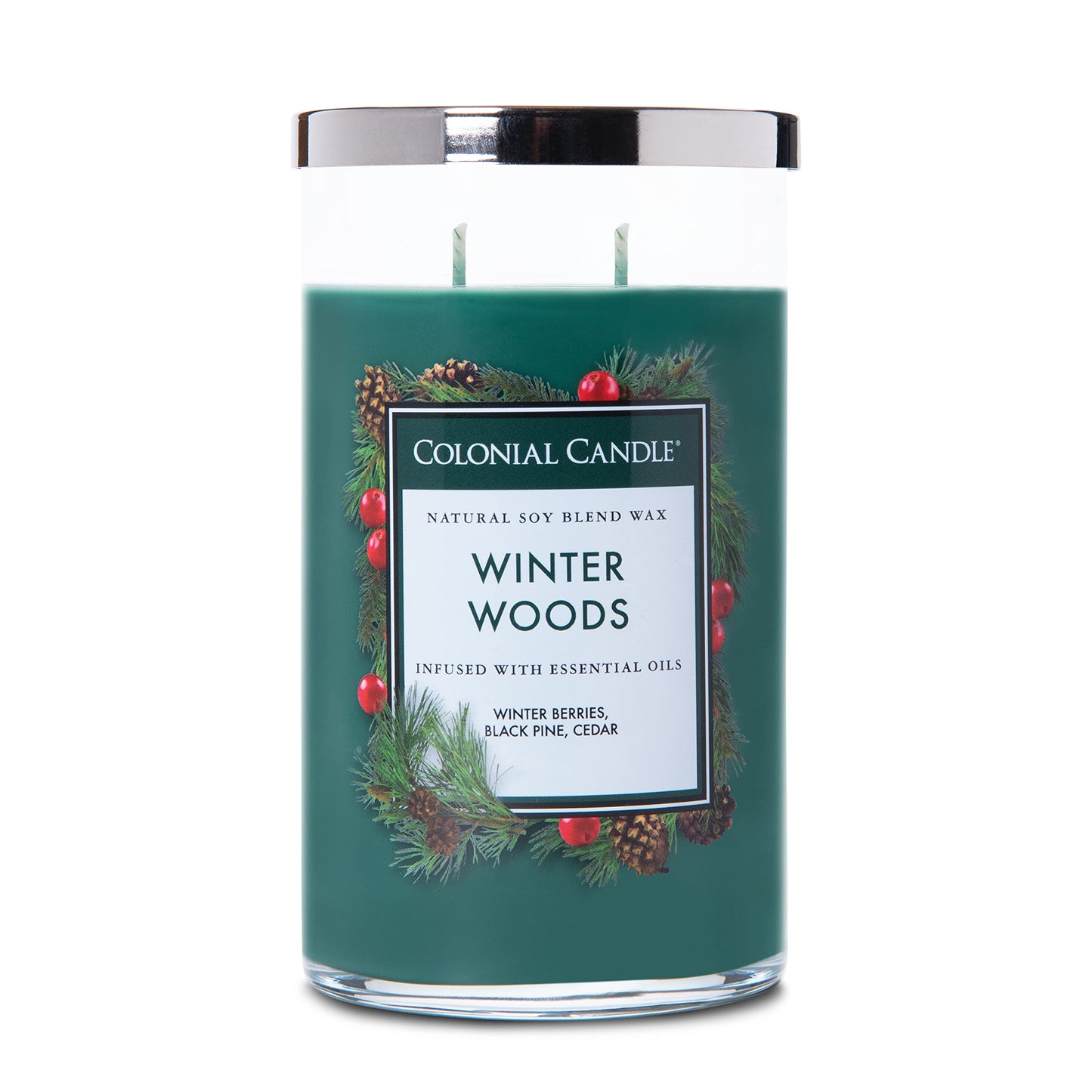 Colonial Candle Scented Jar Candle, Classic Cylinders, Winter Woods, 2 Wick, 19 oz, Green