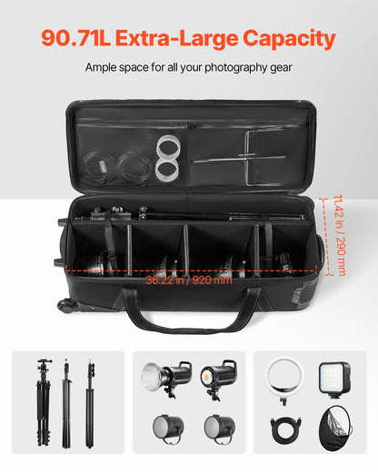 VEVOR Studio Equipment Trolley Case, 39.37 x 14.96 x 12.60 in / 100 x 38 x 32 cm, Rolling Camera Bag, Carrying Bag with Wheels Straps Padded Compartment Handle, for Light Stands, Tripods, Telescopes
