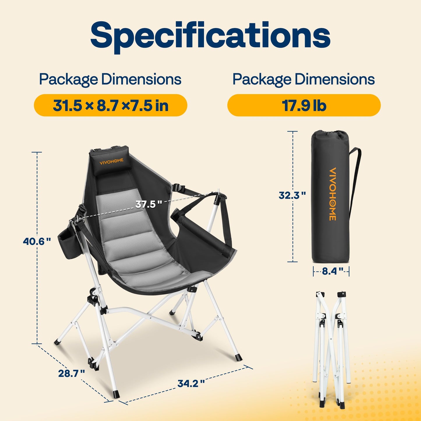 VIVOHOME Hammock Camping Chair, Portable Outdoor Swinging Rocking Chairs for Adults with Adjustable Pillow, Back and Height for Travelling, Backyard, Patio, Supports 400 lbs, 600D Breathable Mesh