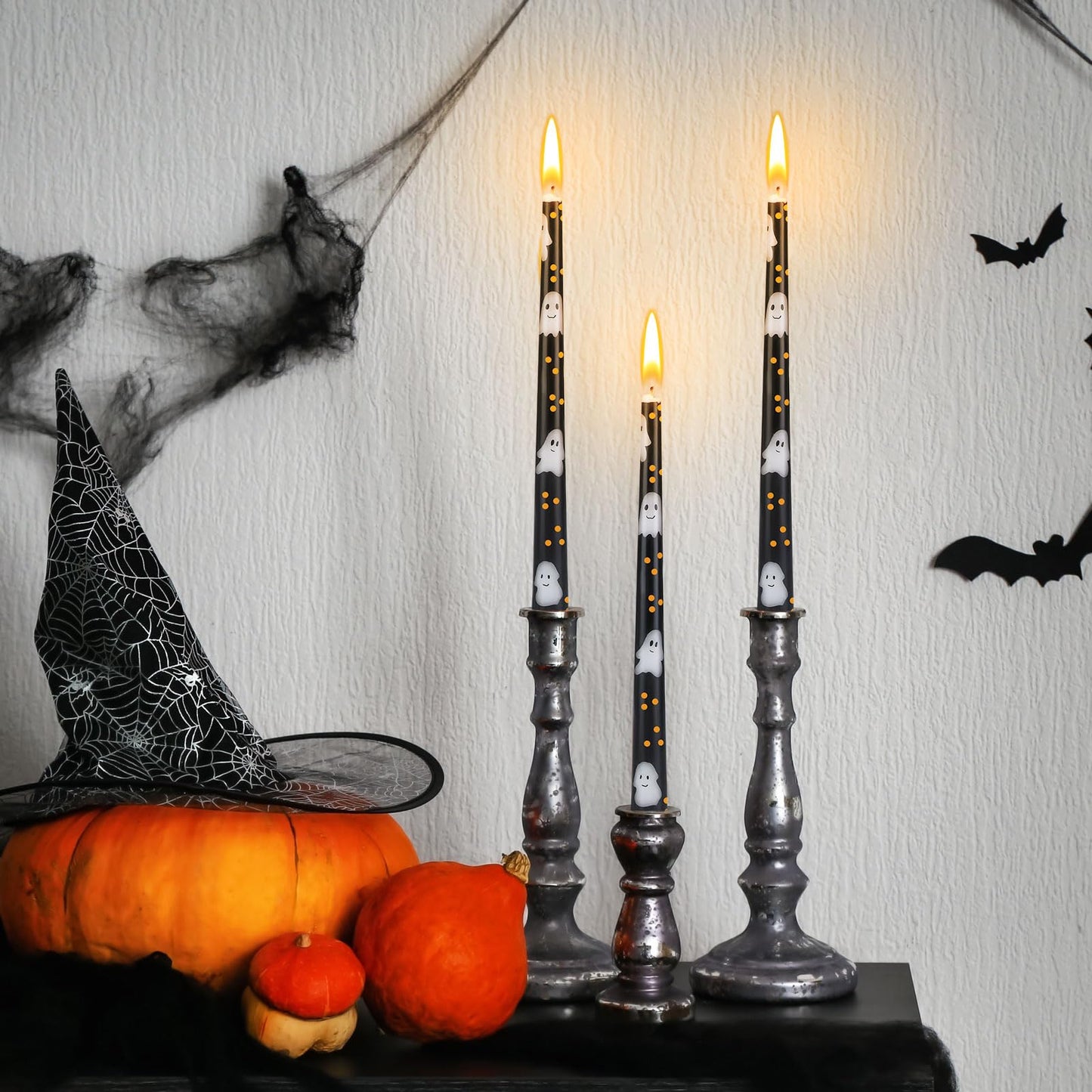 Threlaco 6 Pcs Taper Candles 9.8" Unscented Taper Candles Prints Dinner Table Home Decorations for Thanksgiving Autumn Harvest Festive Halloween Party Gift(Black Halloween Ghost)