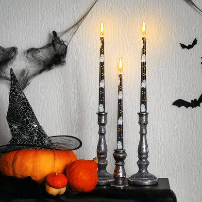 Threlaco 6 Pcs Taper Candles 9.8" Unscented Taper Candles Prints Dinner Table Home Decorations for Thanksgiving Autumn Harvest Festive Halloween Party Gift(Black Halloween Ghost)
