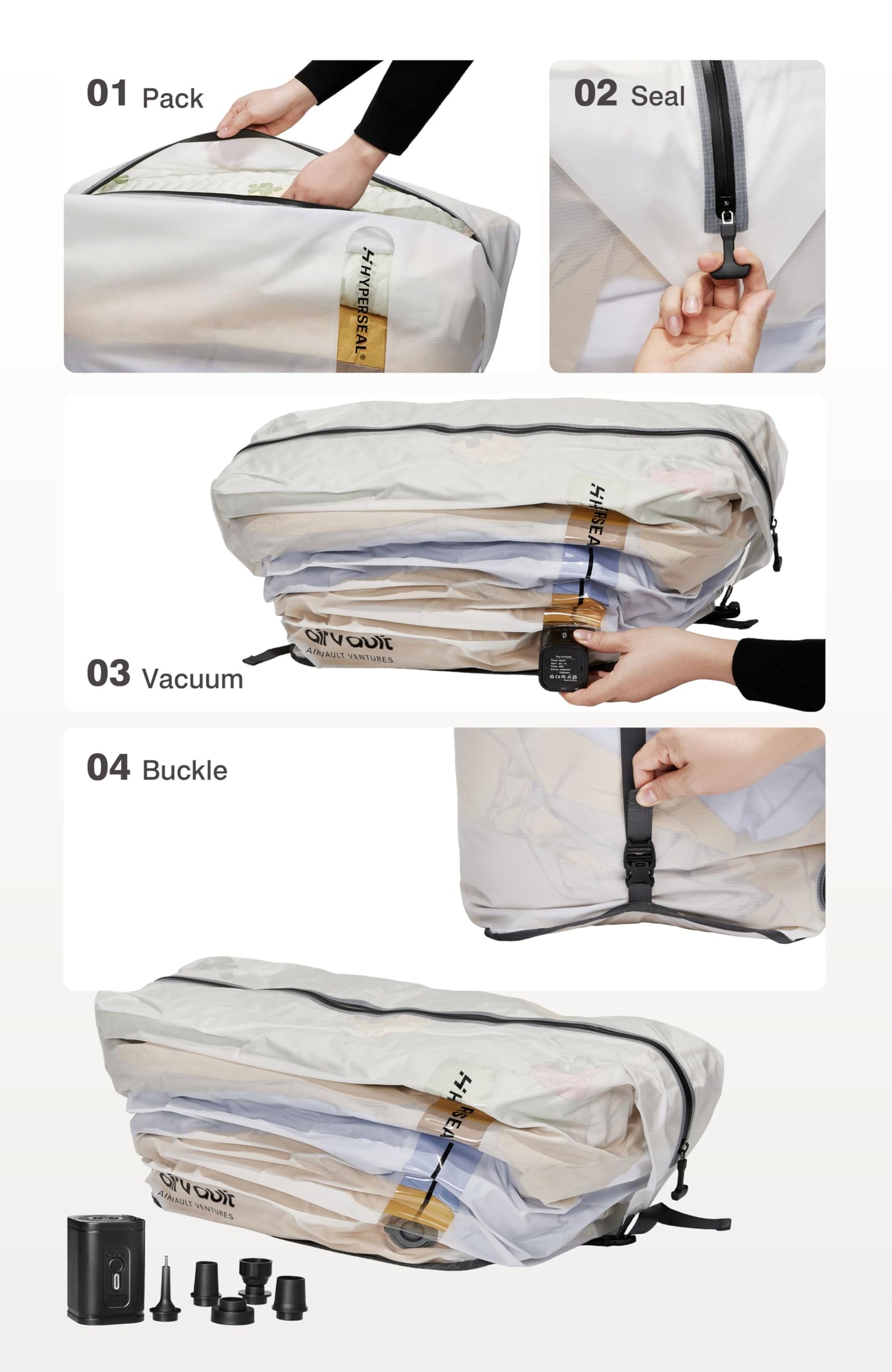 AirVault Premium Reusable Vacuum Seal Storage Bag for Carry On Suitcases & Backpack, Space Saver Airline Travel Vacpack, Pump Included (120L Tapered Duffle, 3-Pack)