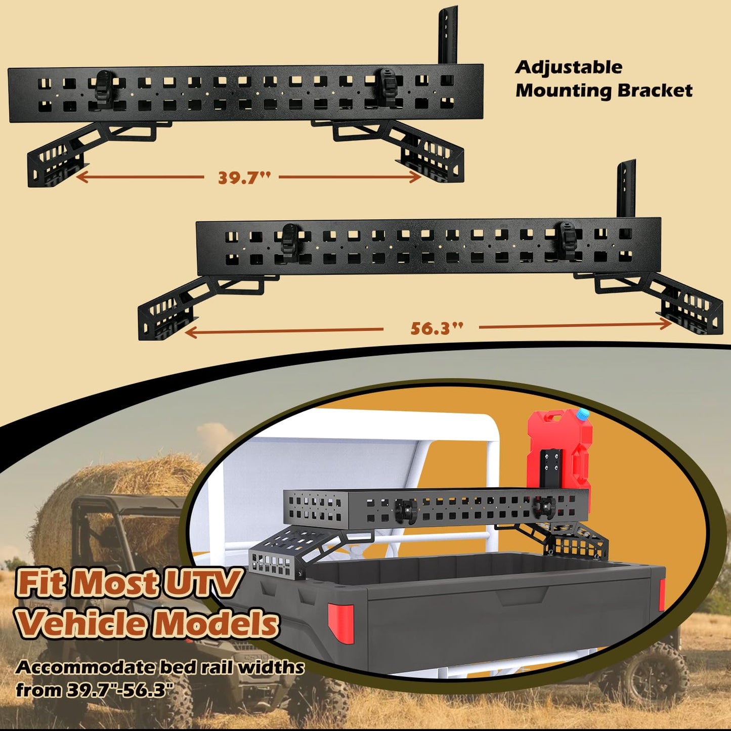 TOPOWN UTV Overbed Cargo Rack with Adjustable Mounting Brackets Accommodate Bed Rail Widths from 39.7”-56.3”(Inside Width), Molle Panel Sides UTV Bed Racks with Tool Clamps and Gas Can Mount