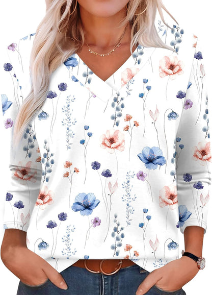XIEERDUO Long Sleeve Shirts for Women V Neck Fall Tops Basic Tunic Tops Loose Fit Dressy 2025