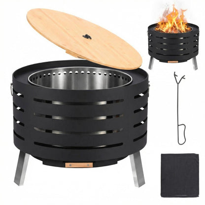 30 Inch Smokeless Outdoor Fire Pit, Outdoor Firepit Table with Removable Ash Pan,Bamboo Lid, Rainproof Cover,Portable Metal Firepit for Patio, Backyard, Camping