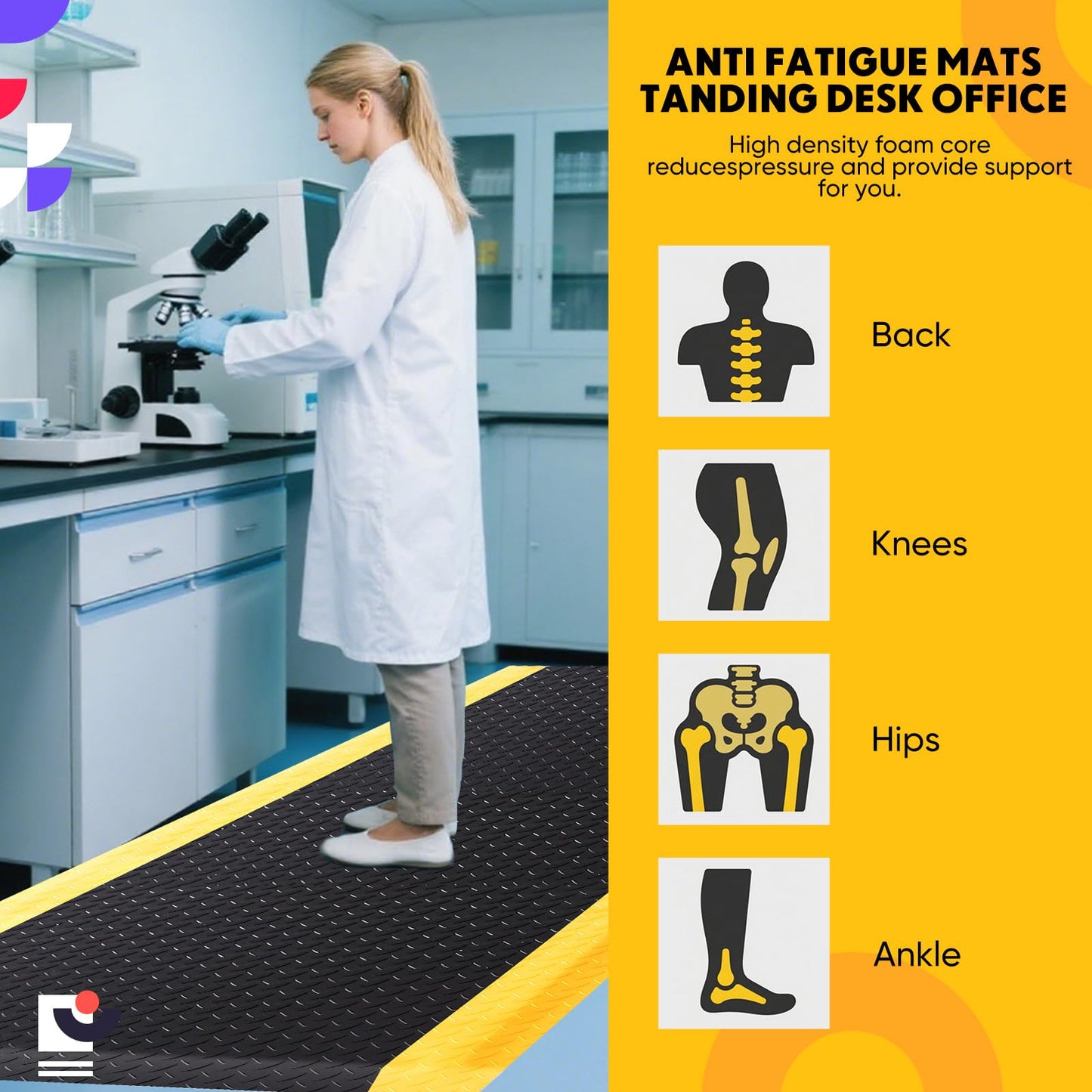 Drydiet 1 Pcs 2'x6' Anti Fatigue Mat Industrial, ESD Conductive Pad with Ground Wire, Heavy Duty Ergonomic Standing Floor Mat for Commercial Work, Shop Stand, Thick 3/4" Black with Yellow Border