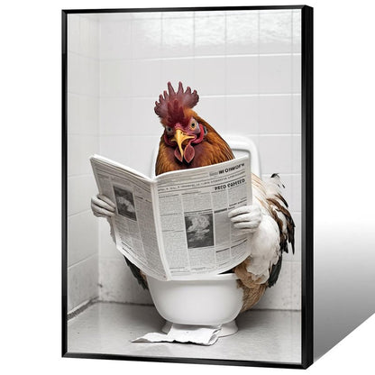 KOEUIRW Funny Chicken Bathroom Canvas Wall Art Cute Chicken In Toilet Posters Black and White Animal Prints Painting Maximalist Mid Century Modern Aesthetic Wall Decor for 16x24in Framed