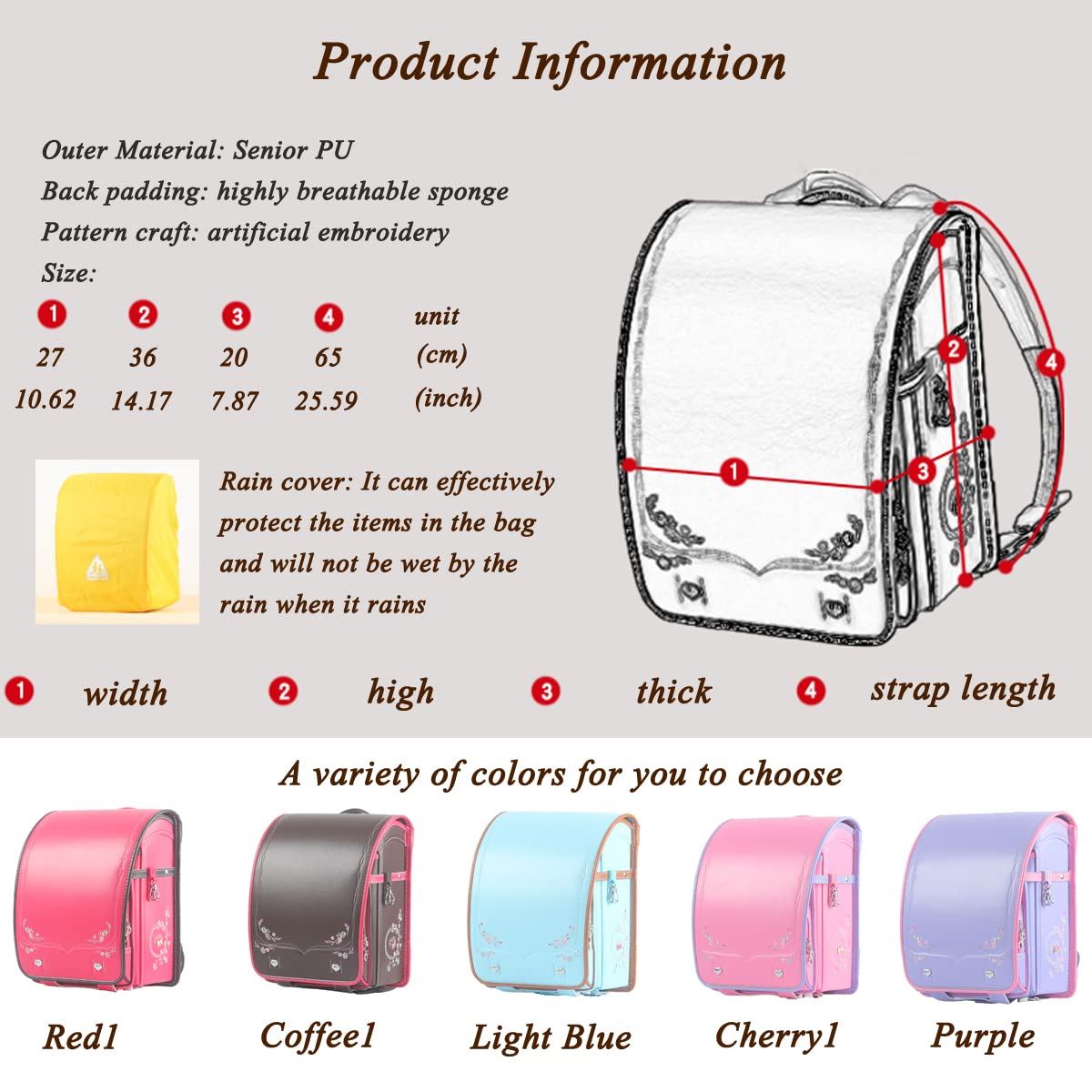 Randoseru Ransel Japanese upscale school bags for boys girls large capacity Senior PU leather light weight backpack