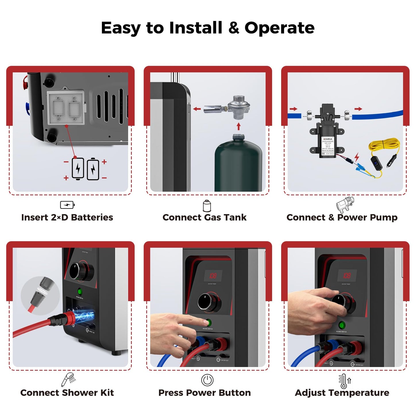 CAMPLUX Nano 3 Portable Propane Water Heater with Pump Kit, Compact & Lightweight Design, Quick Connect Pump Cables & Extension Hoses, Outdoor Camping Shower for Off-Grid Cabin, Hiking, RV