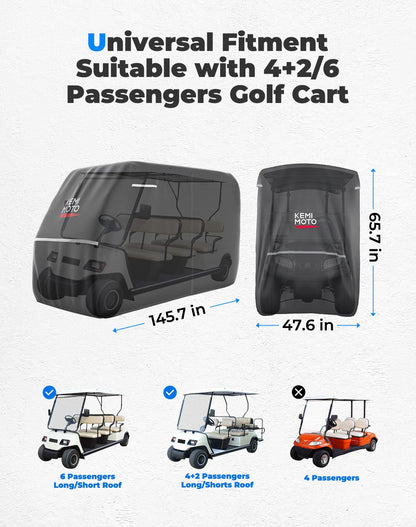 KEMIMOTO 600D Waterproof Golf Cart Cover, Universal Heavy Duty Large 6-Seater Golf Cart Rain Cover with Storage Bag Compatible with EZGO Club Car 6/4+2 Passenger, Black