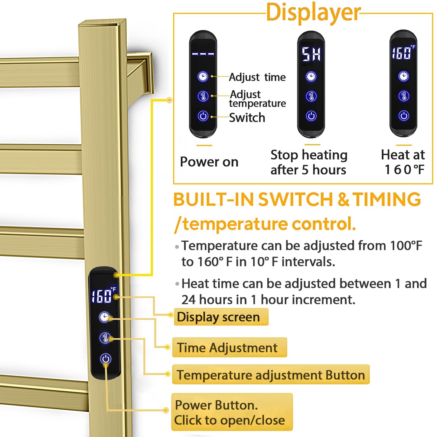 XBVV Towel Warmer Rack for Bathroom with Timer/Fahrenheit Temperature Control Wall Mounted Electric Heated 10 Bar Rail Plug-in or Hardwired Keep Bath Shower Towel Warming (Brushed Gold)