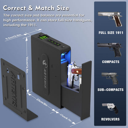 Biometric Slider Handgun Gun Safe for Home Nightstand,Cloakroom, Desk,Bed Side,Truck, Artemis Auto Sliding Door Hand Gun Safe for Pistol Unlock Fingerprint，Digital PIN，Key Access