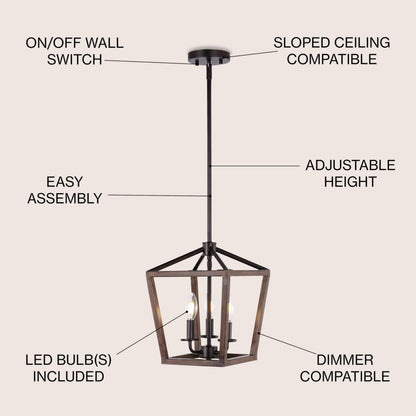 JONATHAN Y 10in 3-Light Industrial Lantern Pendant, Metal, Faux Wood-Oil Rubbed Bronze, Model JYL1321A