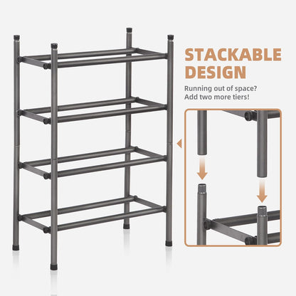 Storage Maniac Expandable Shoe Rack - 8 Pairs Stackable Metal Organizer for Closet & Entryway | Black 2-Tier