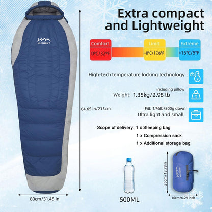 HLITMOUT Down Sleeping Bag with Pillow, 0°F 20°F 32°F Regular and XL Compact Lightweight Sleeping Bag for Adults,Teens Backpacking,Camping and Hiking Outdoor (Blue, Regular 20°F)