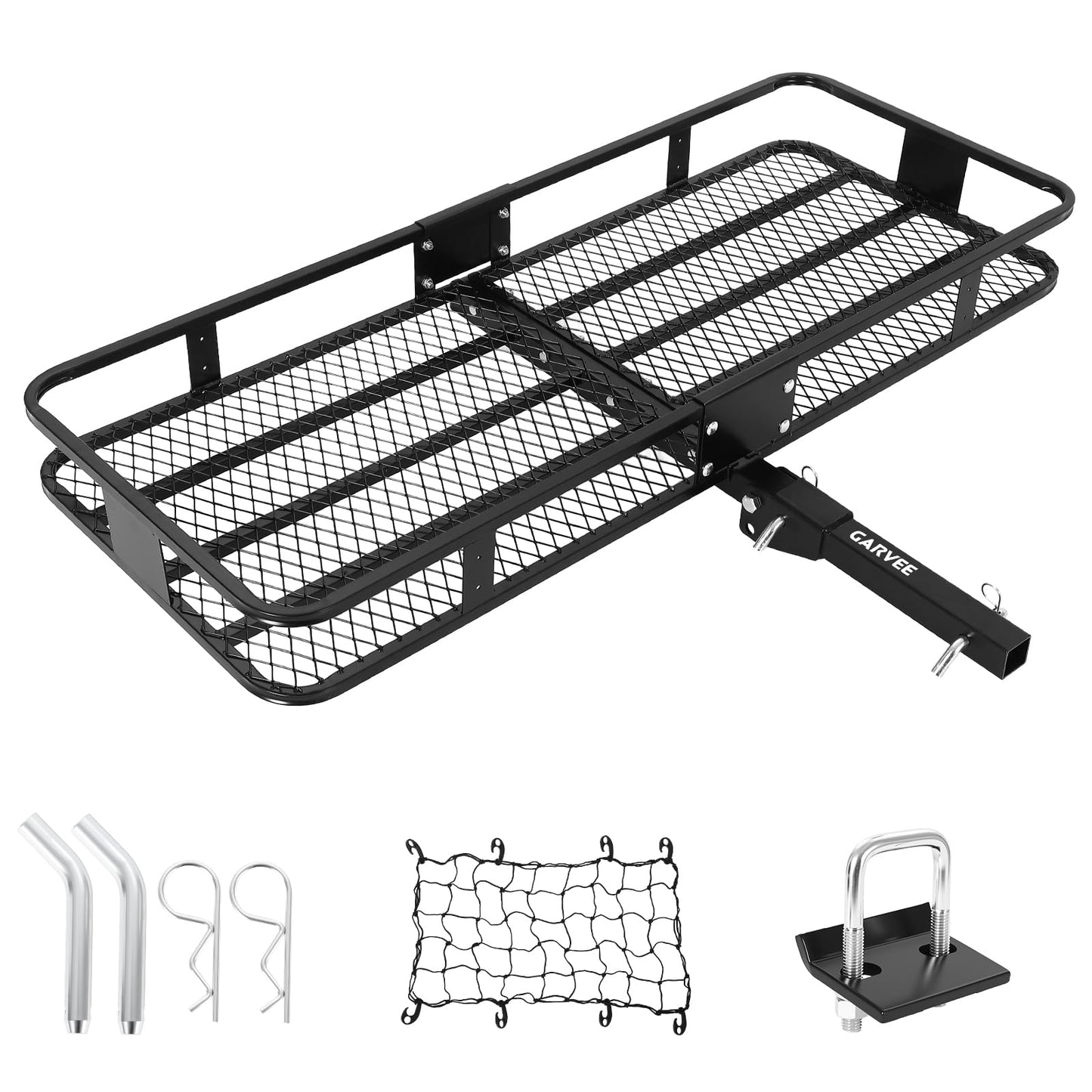 Garvee 60x24x6 Hitch Carrier for 2 Inch Receiver, 500LB Capacity Hitch Mount Rack with Folding Cargo Basket, Rust-Resistant Coat