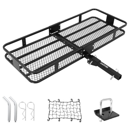Garvee Folding Hitch Mount Cargo Carrier Basket 60" x 20" x 6", Hauling Weight Capacity of 500 Lbs with Folding Arm, Hitch Stabilizer, Cargo Net and Ratchet Straps