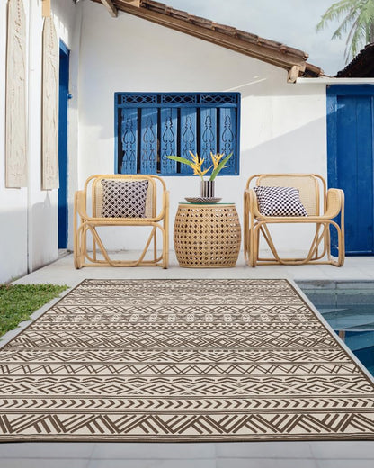 Outdoor Rug Carpet 8x10 ft, Flatweave Textured Outdoor Patio Rug Non Slip Indoor Outdoor Rugs with Rubber Particles Backing Boho Outdoor Area Rug for Patio Deck Front Porch Backyard Balcony, Brown