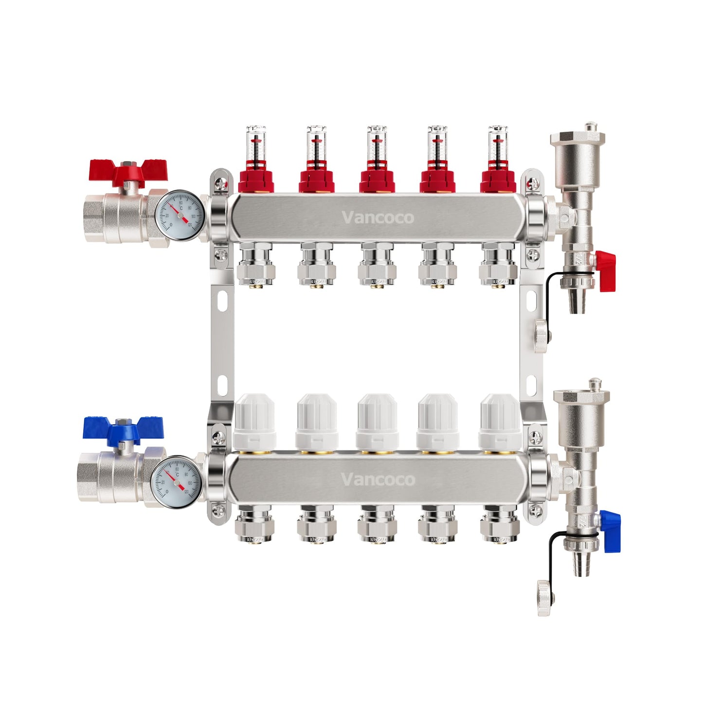 ‌VANCOCO 5 Loop Radiant Floor Heating Manifold, Stainless Steel Infloor Radiant Heat Manifold for Hydronic Radiant Floor Heating with1/2" Adapters