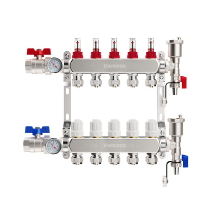 ‌VANCOCO 5 Loop Radiant Floor Heating Manifold, Stainless Steel Infloor Radiant Heat Manifold for Hydronic Radiant Floor Heating with1/2" Adapters
