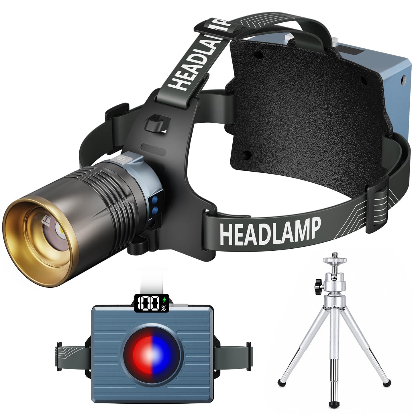 MAXME100 Super Bright Rechargeable Headlamp, Super Bright Zoomable/Spotlight Floodlight with 750m Beam Distance, Head Lamp for Search Rescue, Construction Work, Outdoor use